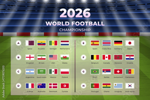 World Football Championship 2026: An illustration showcases the vibrant flags of competing nations, set against a backdrop of a stadium.