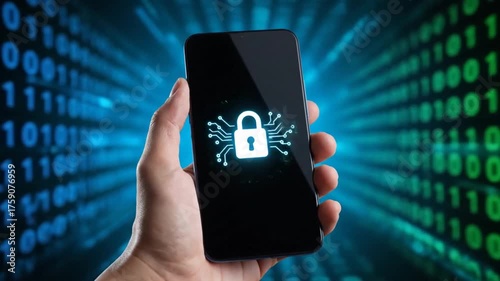 Hand holding phone with glowing padlock icon on binary code background
