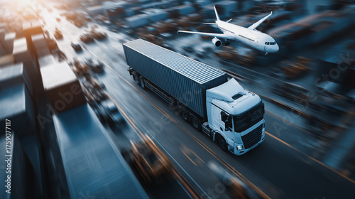 Wallpaper Mural Top view of Container truck in ship port for business Logistics and transportation of Container Cargo ship and Cargo plane with working crane bridge with Earth and world map Torontodigital.ca