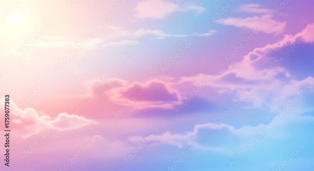Fototapeta premium A mesmerizing pastel sky with soft clouds in hues of pink, purple, and blue, creating a dreamy and ethereal atmosphere, perfect for backgrounds, wallpapers, and creative projects with a calming effect