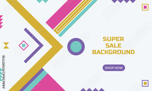 E-commerce Super Sale banner with a retro, Memphis-style geometric design. Features a white background with floating shapes and lines in bright, contrasting colors