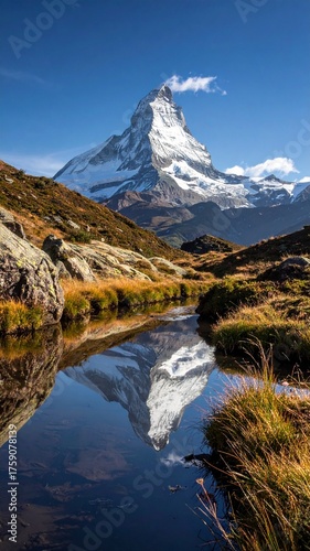 Majestic Matterhorn Mountain Reflected in Alpine Lake Under Clear Blue Sky.