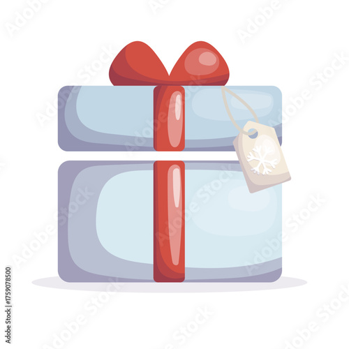 Elegant blue gift box with red ribbon and snowflake tag perfect for Christmas cards, holiday posters, packaging and festive design