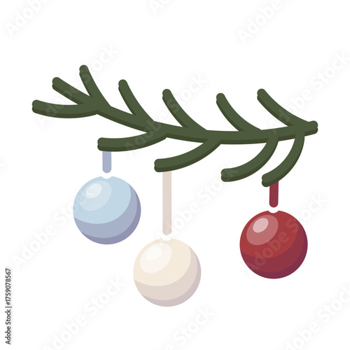 Beautiful fir branch with colorful Christmas balls perfect for holiday cards, posters, packaging and festive winter decoration