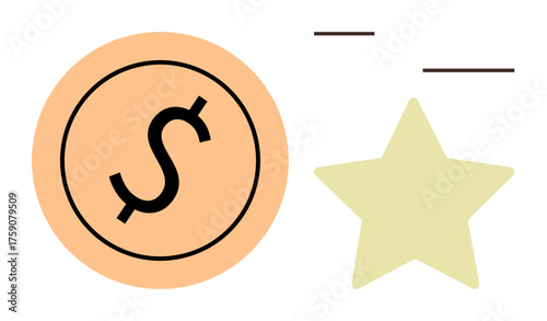 Dollar coin next to a star with minimalist lines. Ideal for finance, investment, business growth, achievement, reward systems, savings, and freelancing themes. Simple flat metaphor
