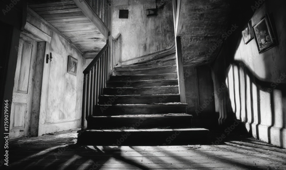Fototapeta premium Creepy staircase in a haunted house, black and white photography.
