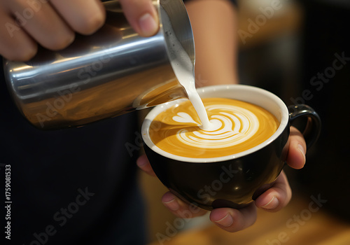 Person carefully pours foamed milk into a cup of coffee, creating latte art with a heart shape design.