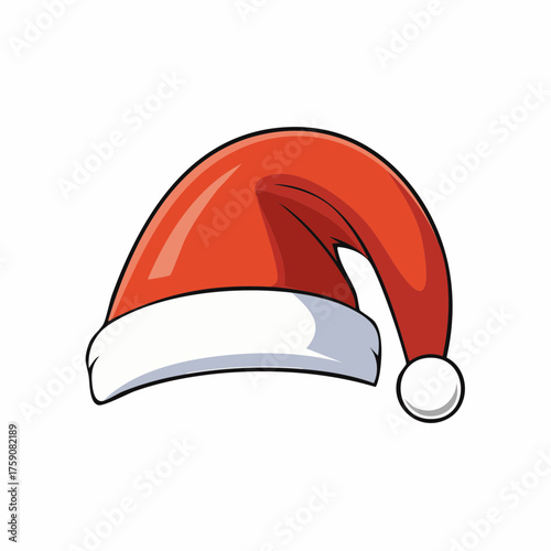 Classic red Santa hat illustration with simple outline, fluffy white brim and pom pom, cheerful festive Christmas winter design.