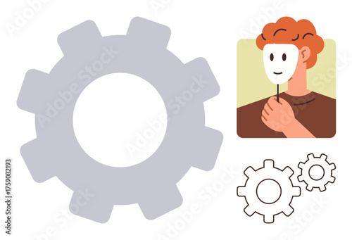 Person holding a mask symbolizing identity or deception, next to large and small gears indicating organization, teamwork, or innovation. Ideal for concepts thumbs up identity, technology, teamwork