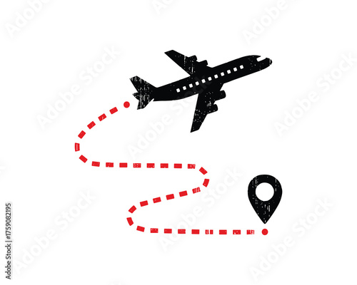 Airplane travel flight route journey location marker dotted line