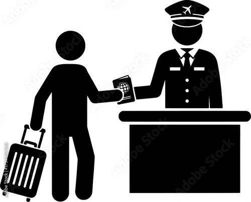 Passenger Handing Passport to Immigration Officer at Airport Checkpoint Silhouette Icon