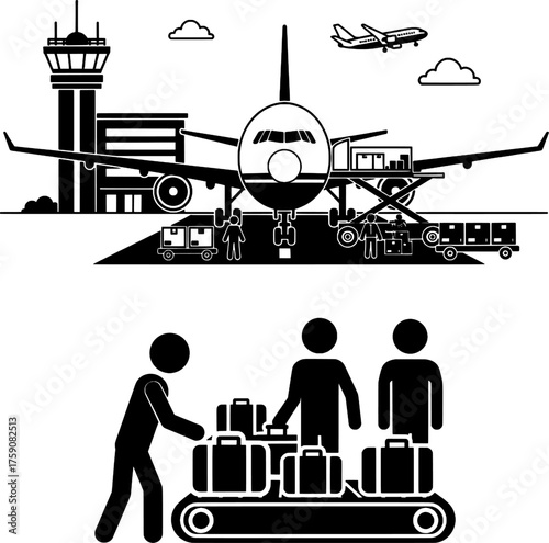 Airport Operations and Baggage Claim Set Vector Silhouette Illustration