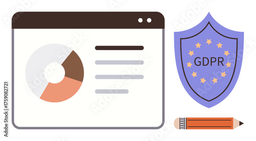 Browser window displaying analytics chart, GDPR shield emblem with stars, and pencil. Ideal for data protection, compliance, digital security, privacy laws, analytics, cybersecurity legal policies