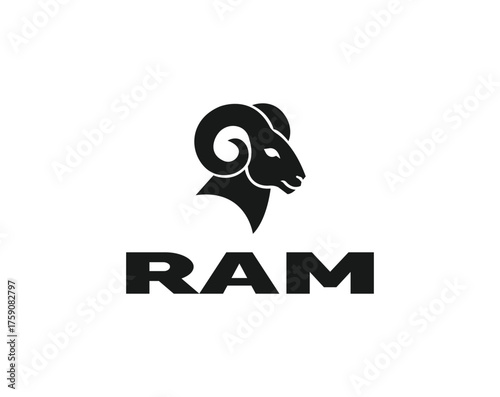 Black ram head silhouette with ram text below on white background sheep animal