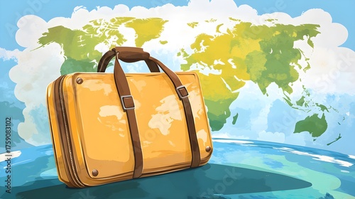 Yellow Suitcase World Map Travel Adventure journey