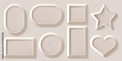 Photo frame set. Light picture on beige wall, vector mock up. 3d isolated wooden modern poster layout template. Round rectangular, square star, heart ovals shapes of realistic shadow gallery decor