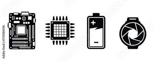 Electronic Components Computer Hardware Parts Icon Set White Background