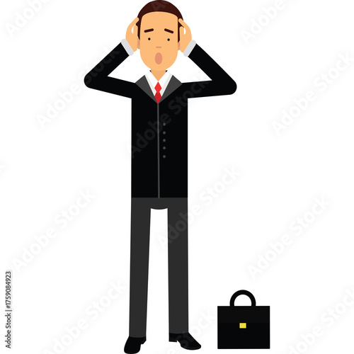 Stressed Businessman In Black Suit Holding His Head In Despair Next To A Briefcase On A White Background