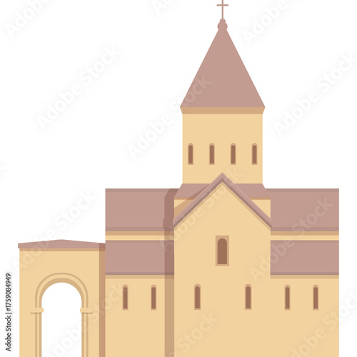 Stylized Beige Church With Taupe Roof and Archway Against a White Background
