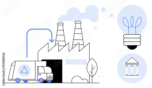 Recycling truck unloading at factory, emitting steam, alongside icons of lightbulb and institution. Ideal for sustainability, green energy, recycling, eco-friendly practices, industrial process