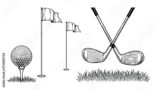 Golf Course Elements Set with Clubs, Ball, Flags, and Grass Patches