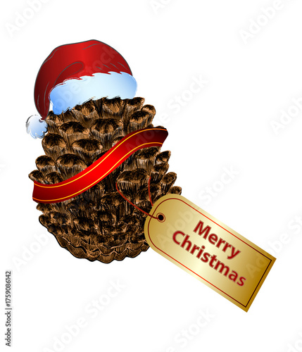 Decorative Christmas pine cone with holiday message. Pine cone decorated with Santa hat red ribbon and Merry Christmas tag on white background festive holiday ornament concept
