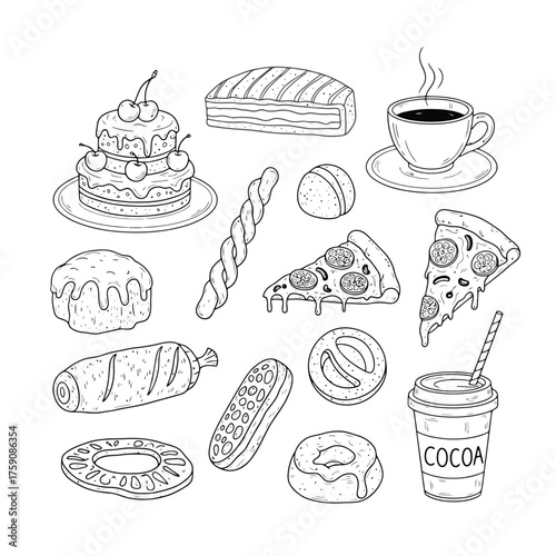 Collection of Delicious Baked Goods and Drinks Hand Drawn Sketch.