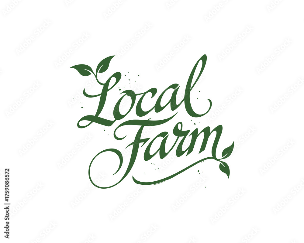 Obraz premium Local Farm Green Script Logo with Leaves and Splatters