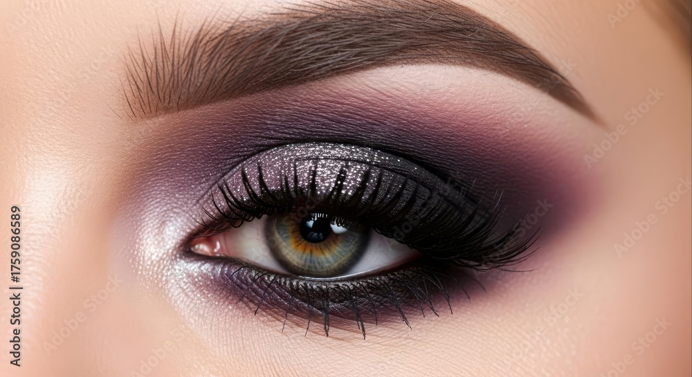 Obraz premium Close-up of a beautifully made-up eye with dark purple eyeshadow and long, thick eyelashes.