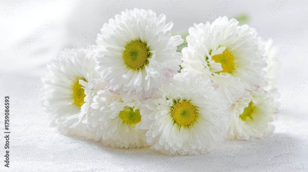 Obraz premium daisy. A fresh daisy bouquet basks in sunlight, with delicate blooms against a soft focus background. gardening catalogs, home-decor guides, designed for gardening and botanical catalogs. 