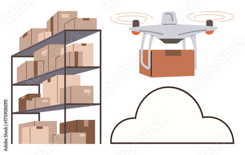 quadcopter carrying a box beside shelves stacked with packages and a cloud outline. Ideal for logistics, delivery, technology, e-commerce, automation, storage solutions, cloud services. Simple flat