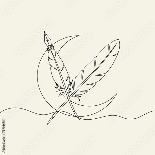 Elegant quill pen and feathers with crescent moon design representing writing and creativity.