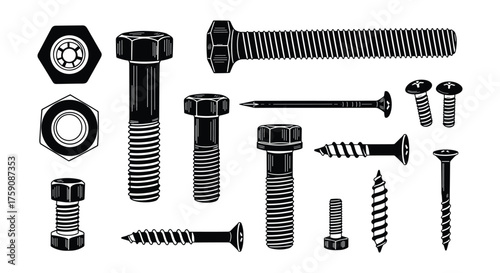 Monochrome Industrial Fasteners Set Bolts Nuts Screws Nails