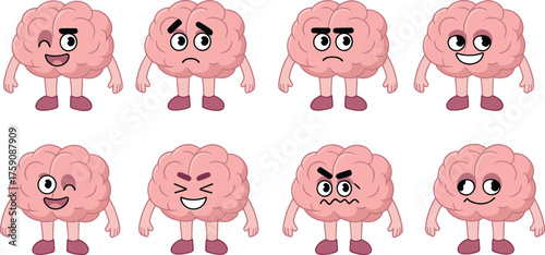 Cartoon brain characters, emotional expressions, cute design, educational illustration, happy and angry faces, playful concept, psychology theme, fun icons, white background