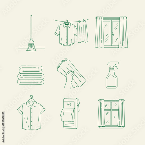 Cleaning and Laundry Icons Broom Clothesline Towels and Windows.
