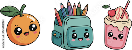 Cartoon fruit, backpack, milkshake characters, smiling faces, cute design, educational illustration, playful objects, happy expressions, colorful style, white background, fun concept