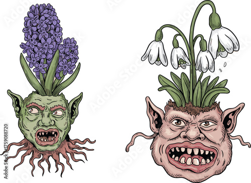 creature, plant, cartoon, fantasy, flower, face, surreal, emotion, grotesque, art, head, leaf, root, character,
