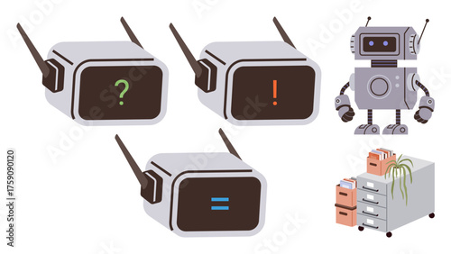 Friendly robot with varying facial expressions question, alert, neutral and file cabinet highlighting communication, AI interactions, data organization, decision-making, teamwork, problem-solving