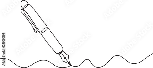 A minimalist line drawing of a pen writing calligraphy
