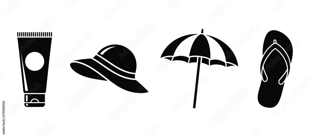 Fototapeta premium Summer Beach Vacation Icons Set Sunscreen Hat Umbrella Flip Flops