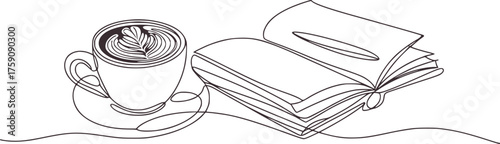 Coffee cup with latte art and open book illustration vector