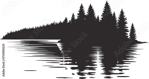 Dark evergreen forest reflected in rippling water trees pine