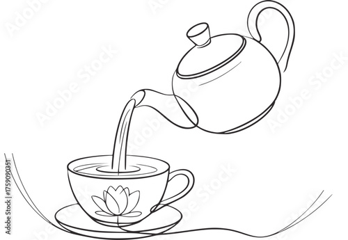 Delicate line art pouring tea into a lotus decorated cup drawing