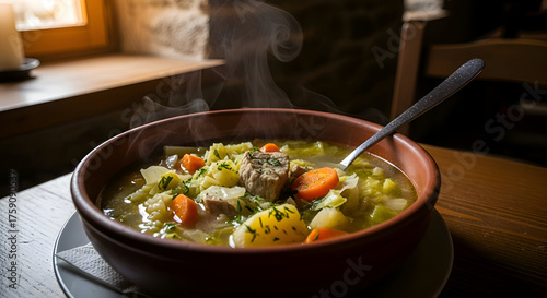 A steaming bowl of delicious homemade vegetable soup on a wooden table close up