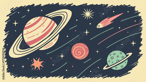 Funky crayon drawn planets asteroids stars and constellations for outer space themes