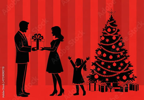 A vector silhouette illustration of a happy family exchanging gifts next to a decorated Christmas tree. The festive scene captures the joy and spirit of the holiday season.