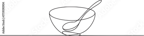 Minimalist line drawing of a bowl with a spoon line art