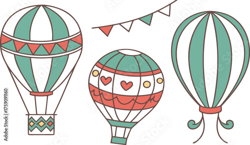 A bright hot air balloon flies high in the sky, a fun adventure illustration of flight and travel with a banner, basket, and clouds