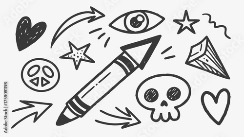 Hand drawn punk rock doodles with stars and arrows for edgy designs