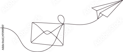 Paper airplane carrying envelope through the air mail delivery